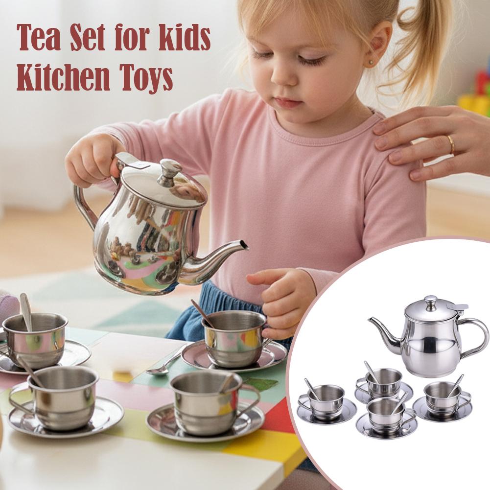 Kids Stainless Steel Tea Set P - Kids Outdoor Kitchen Accessories 评论和价格